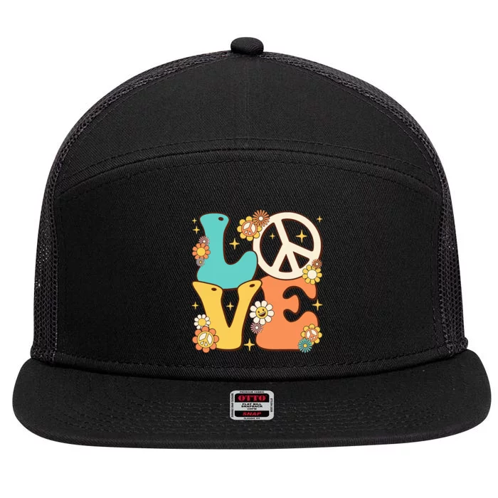 Retro Groovy Peace Sign Love 60s 70s Costume Hippie Theme 7 Panel Mesh Trucker Snapback Hat