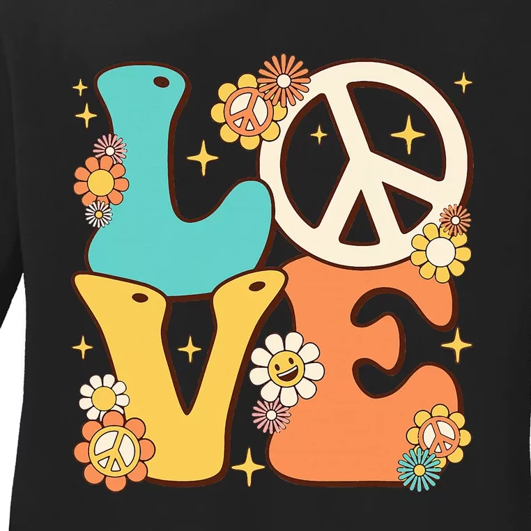 Retro Groovy Peace Sign Love 60s 70s Costume Hippie Theme Ladies Long Sleeve Shirt