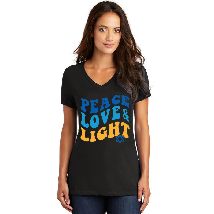 Retro Groovy Peace Love and Light Hanukkah Jewish Chanukah Women's V-Neck T-Shirt