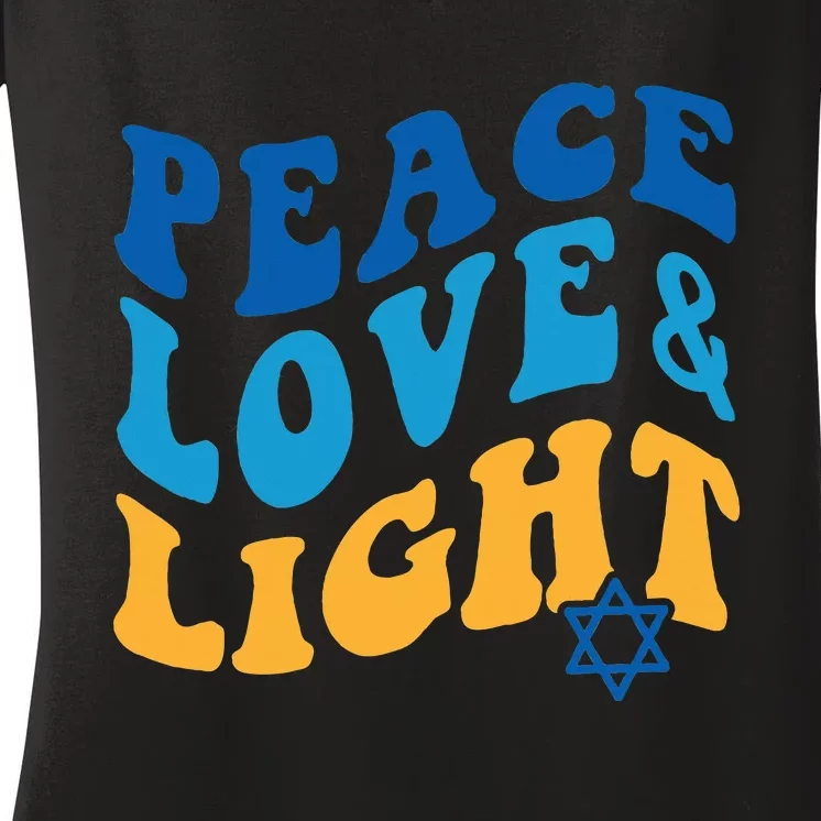 Retro Groovy Peace Love and Light Hanukkah Jewish Chanukah Women's V-Neck T-Shirt