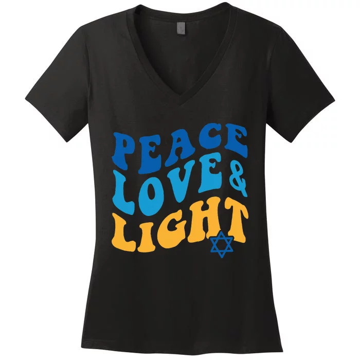 Retro Groovy Peace Love and Light Hanukkah Jewish Chanukah Women's V-Neck T-Shirt