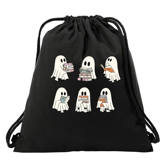 Retro Ghost Reading Book Librarian Teacher Halloween Drawstring Bag