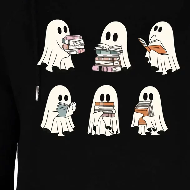 Retro Ghost Reading Book Librarian Teacher Halloween Womens Funnel Neck Pullover Hood