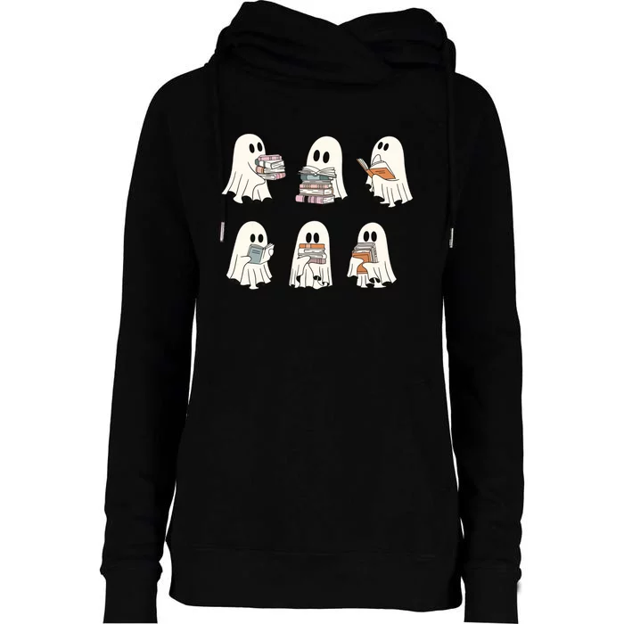 Retro Ghost Reading Book Librarian Teacher Halloween Womens Funnel Neck Pullover Hood