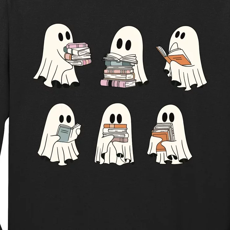 Retro Ghost Reading Book Librarian Teacher Halloween Tall Long Sleeve T-Shirt