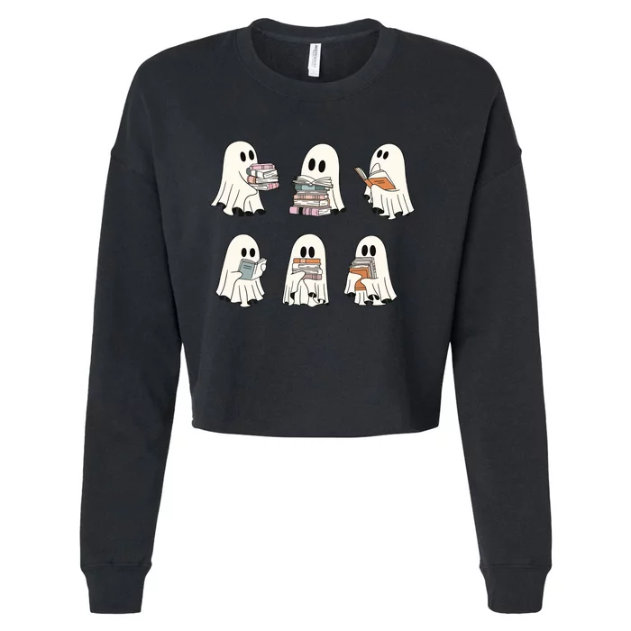 Retro Ghost Reading Book Librarian Teacher Halloween Cropped Pullover Crew