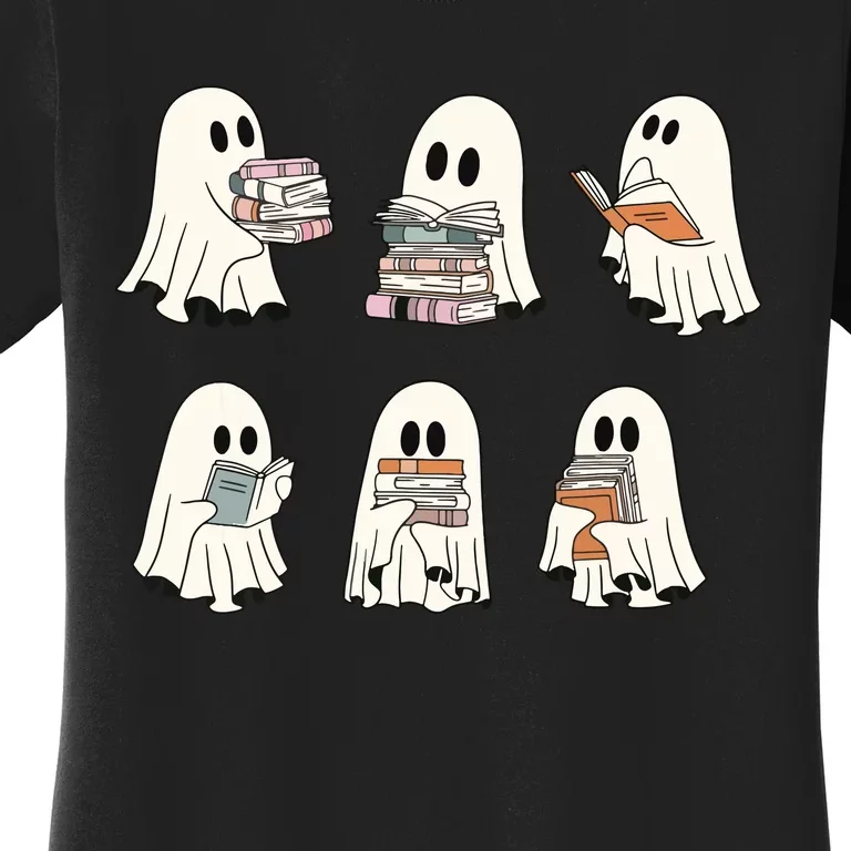 Retro Ghost Reading Book Librarian Teacher Halloween Women's T-Shirt