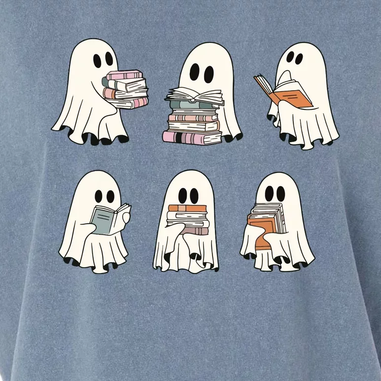 Retro Ghost Reading Book Librarian Teacher Halloween Garment-Dyed Women's Muscle Tee