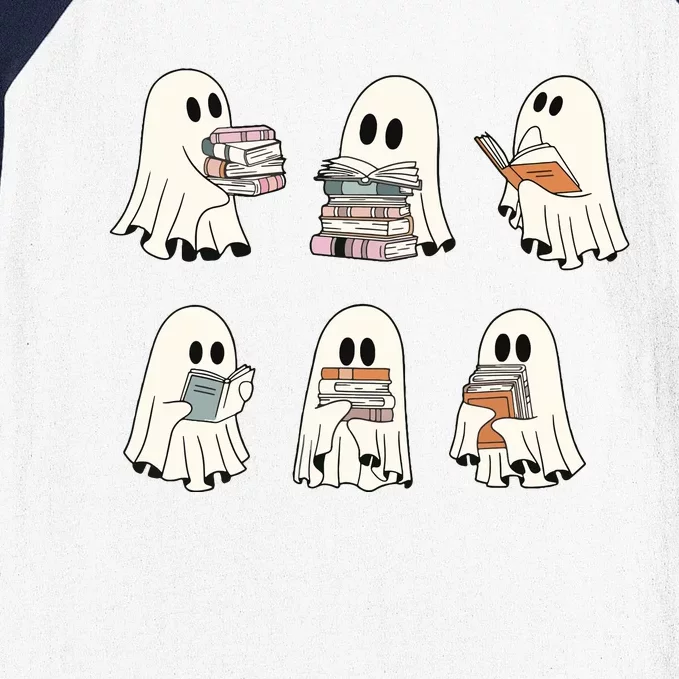 Retro Ghost Reading Book Librarian Teacher Halloween Baseball Sleeve Shirt