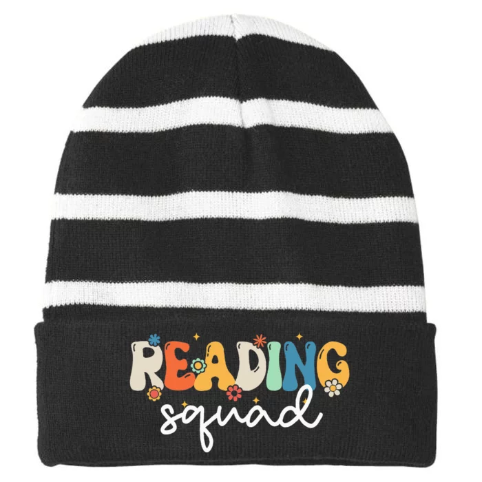 Retro Groovy Reading Squad Girls Cute Reading Teacher Striped Beanie with Solid Band