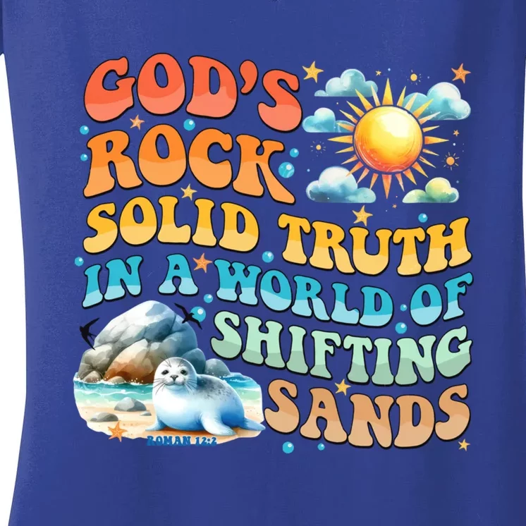 Retro GodS Rock Solid Truth Summer Camp Vbs 2024 Gift Women's V-Neck T-Shirt