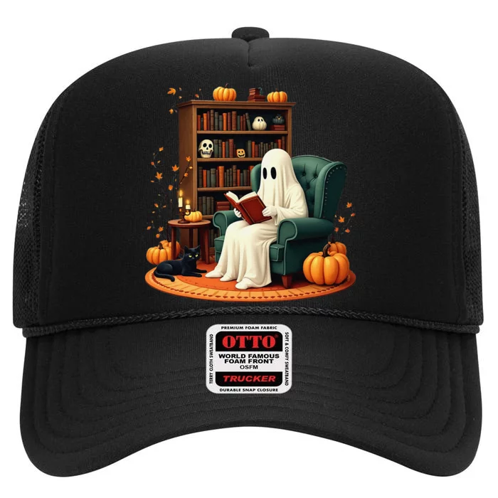 Retro Ghost Reading Books Halloween Teacher 2024 High Crown Mesh Trucker Hat