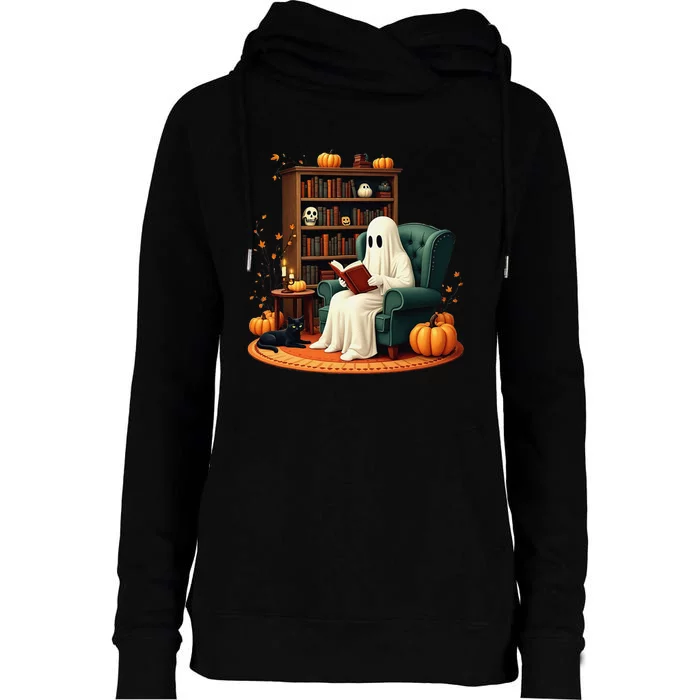 Retro Ghost Reading Books Halloween Teacher 2024 Womens Funnel Neck Pullover Hood