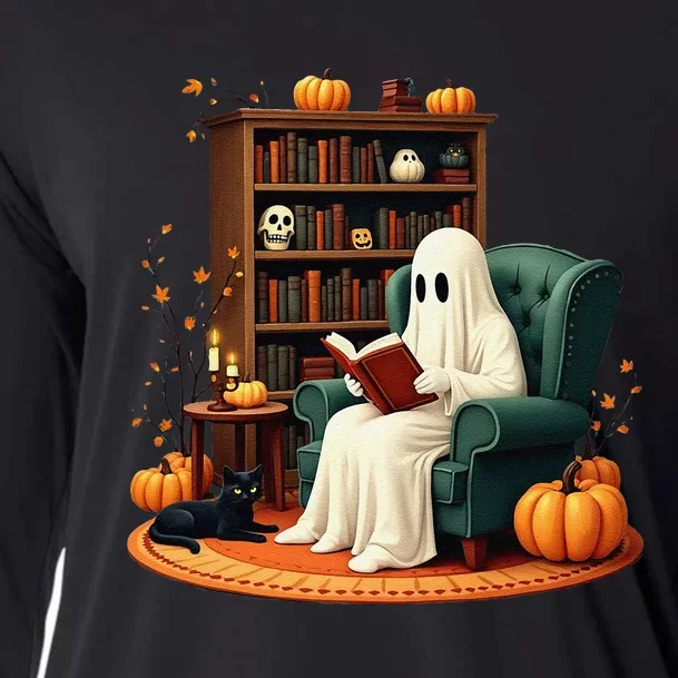 Retro Ghost Reading Books Halloween Teacher 2024 Cooling Performance Long Sleeve Crew