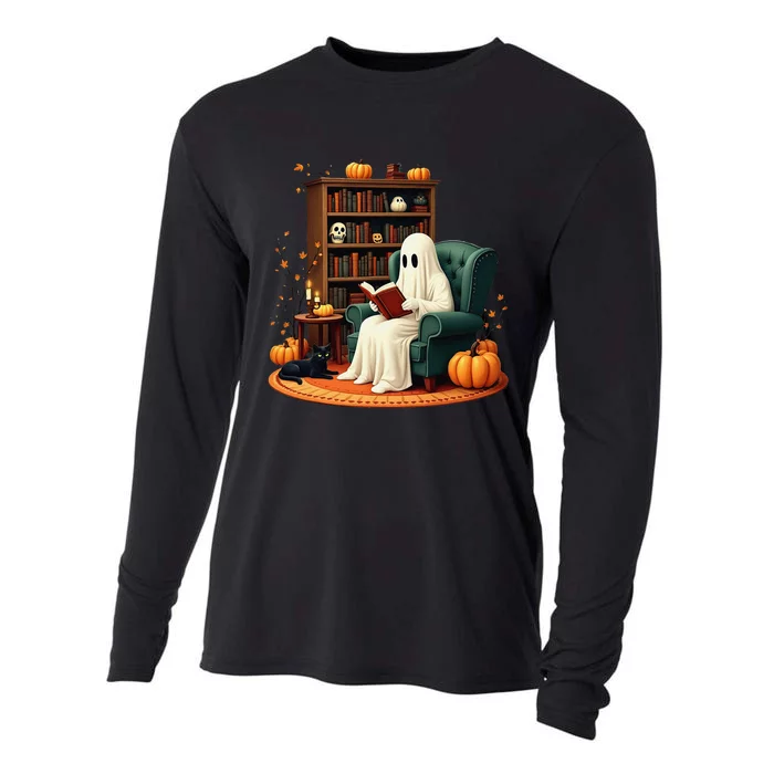 Retro Ghost Reading Books Halloween Teacher 2024 Cooling Performance Long Sleeve Crew