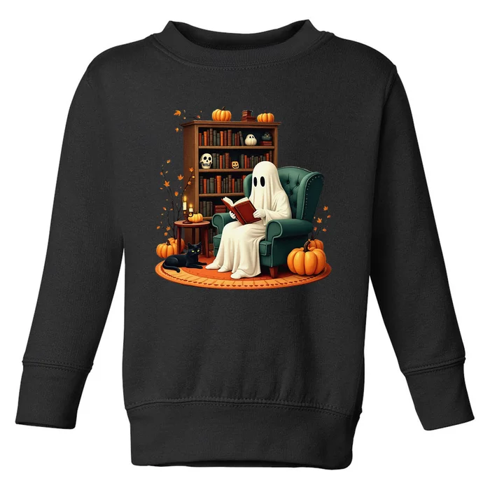 Retro Ghost Reading Books Halloween Teacher 2024 Toddler Sweatshirt