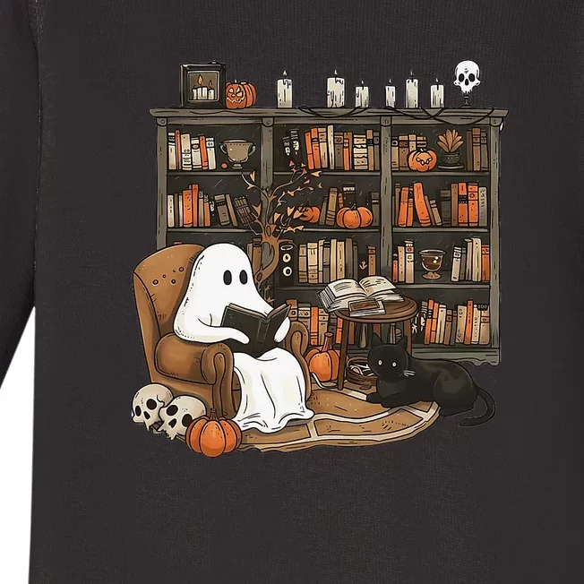 Retro Ghost Reading Books Librarian Ghost Halloween Baby Long Sleeve Bodysuit