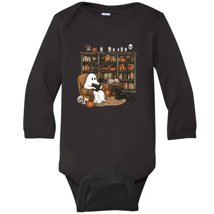 Retro Ghost Reading Books Librarian Ghost Halloween Baby Long Sleeve Bodysuit