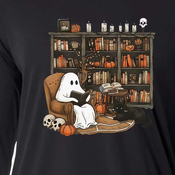 Retro Ghost Reading Books Librarian Ghost Halloween Cooling Performance Long Sleeve Crew