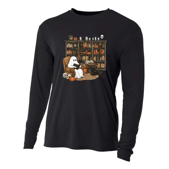 Retro Ghost Reading Books Librarian Ghost Halloween Cooling Performance Long Sleeve Crew