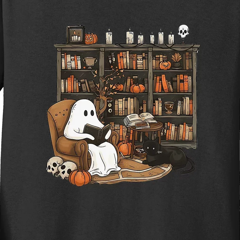 Retro Ghost Reading Books Librarian Ghost Halloween Kids Long Sleeve Shirt