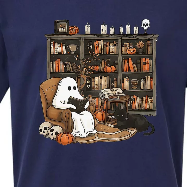 Retro Ghost Reading Books Librarian Ghost Halloween Sueded Cloud Jersey T-Shirt