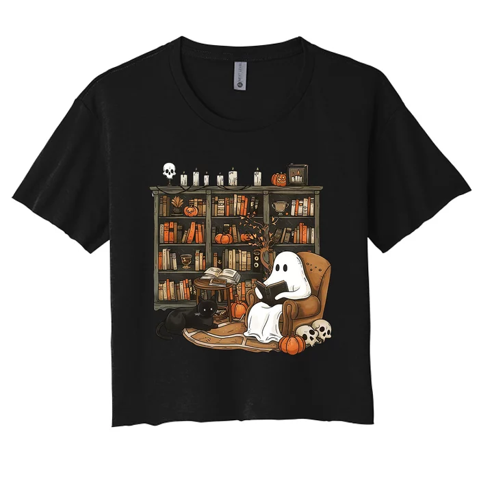 Retro Ghost Reading Books Women's Crop Top Tee