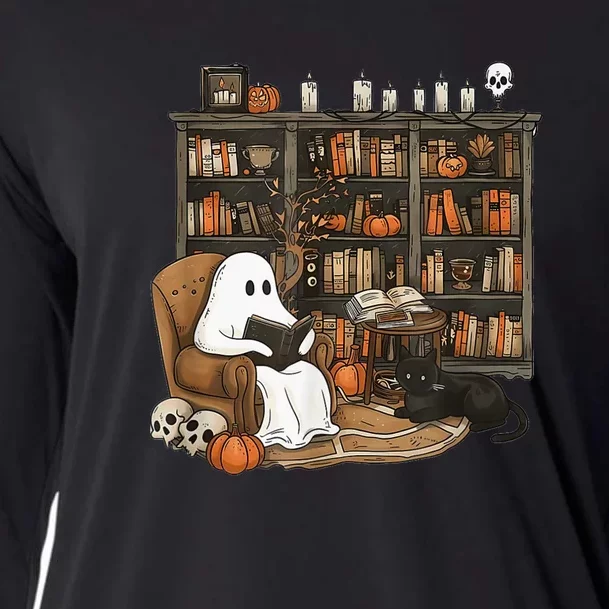 Retro Ghost Reading Books Librarian Ghost Halloween Cooling Performance Long Sleeve Crew