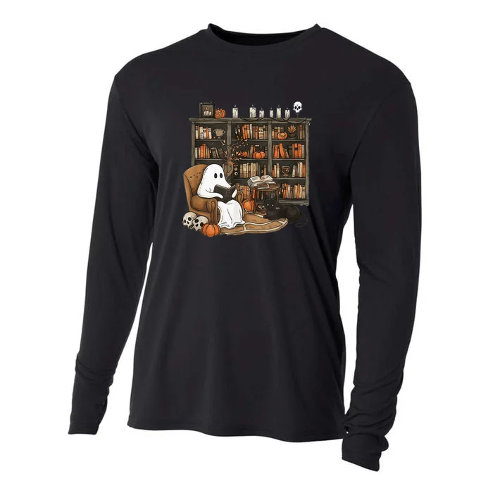 Retro Ghost Reading Books Librarian Ghost Halloween Cooling Performance Long Sleeve Crew