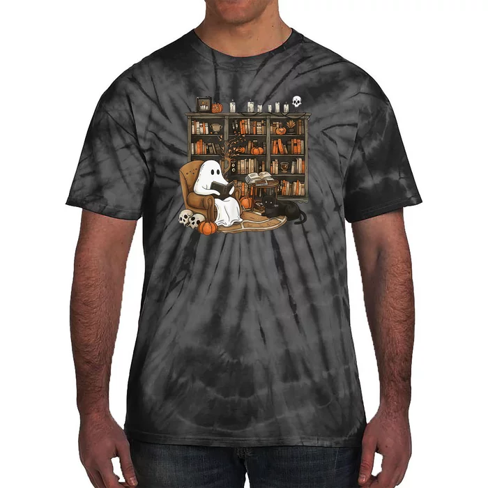 Retro Ghost Reading Books Librarian Ghost Halloween Tie-Dye T-Shirt