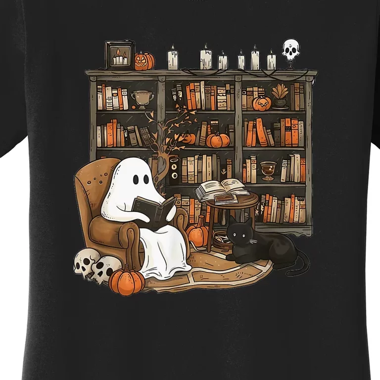 Retro Ghost Reading Books Librarian Ghost Halloween Women's T-Shirt