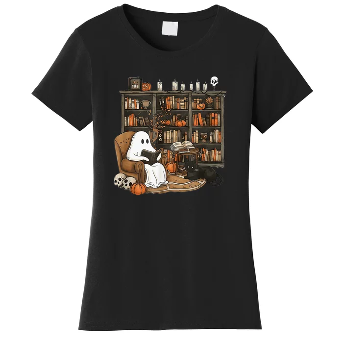 Retro Ghost Reading Books Librarian Ghost Halloween Women's T-Shirt