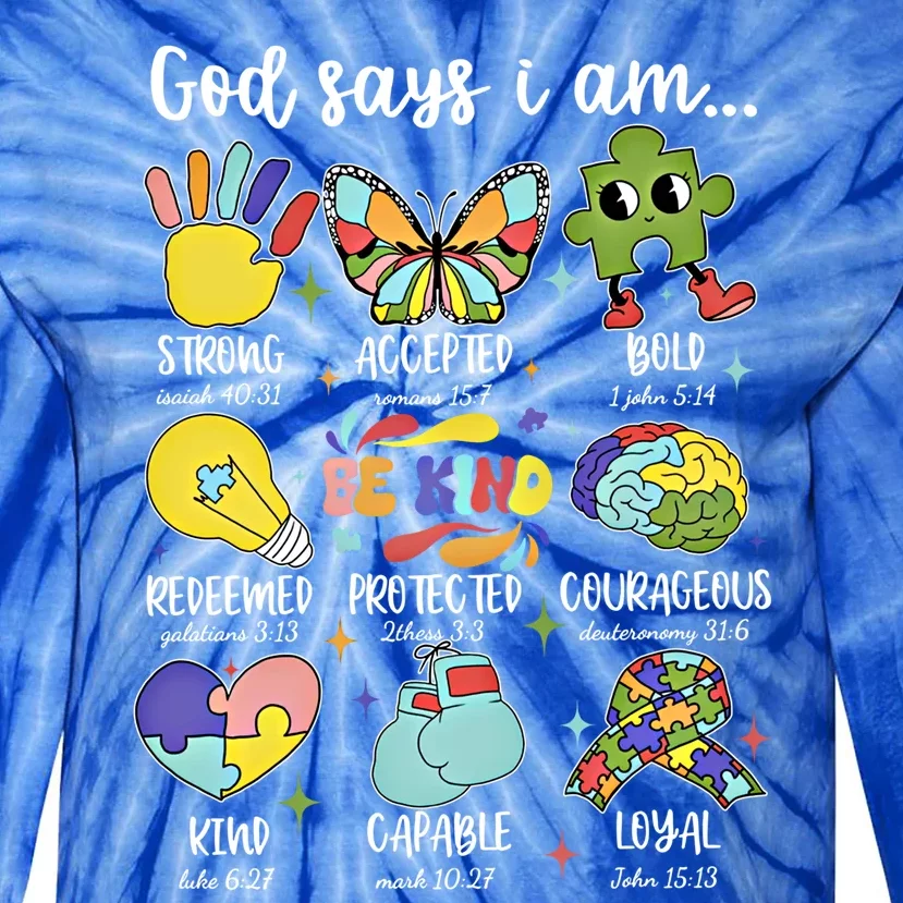 Retro God Says I Am Autism Be Kind Puzzle Autism Awareness Gift Tie-Dye Long Sleeve Shirt