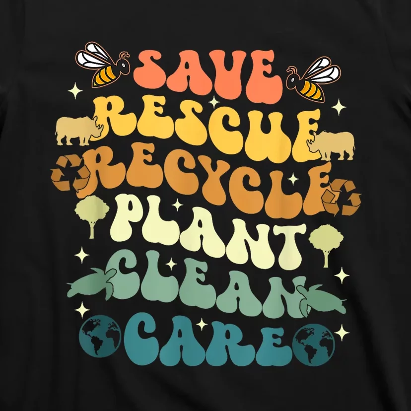 Retro Groovy Save Bees Rescue Animals Recycle Earth Day 2024 T-Shirt