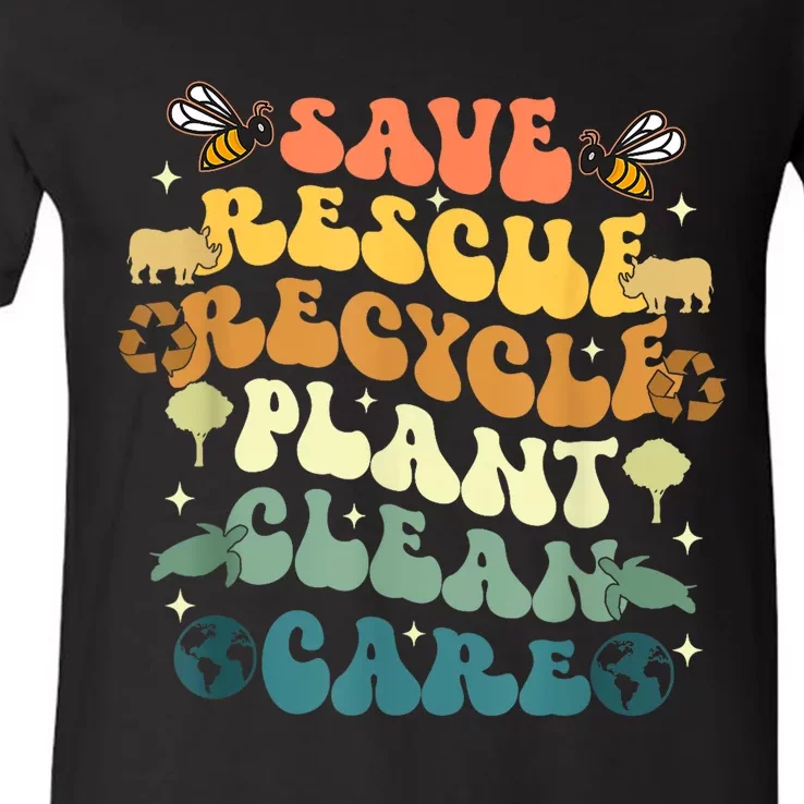 Retro Groovy Save Bees Rescue Animals Recycle Earth Day 2024 V-Neck T-Shirt