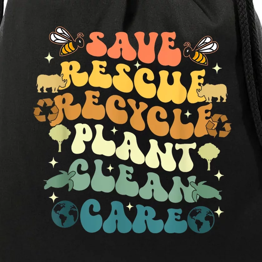 Retro Groovy Save Bees Rescue Animals Recycle Earth Day 2024 Drawstring Bag