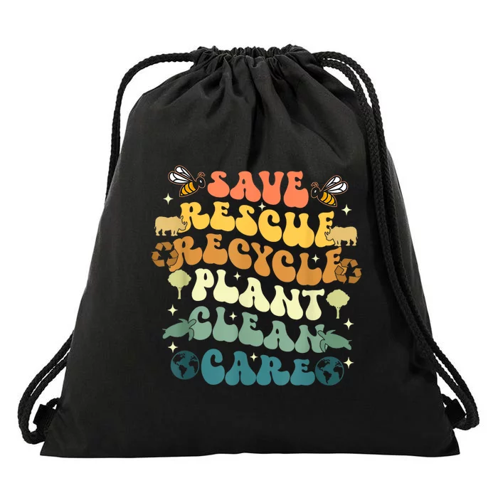 Retro Groovy Save Bees Rescue Animals Recycle Earth Day 2024 Drawstring Bag