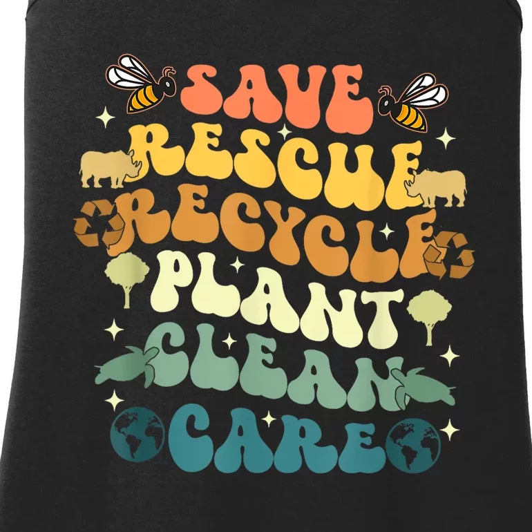 Retro Groovy Save Bees Rescue Animals Recycle Earth Day 2024 Ladies Essential Tank