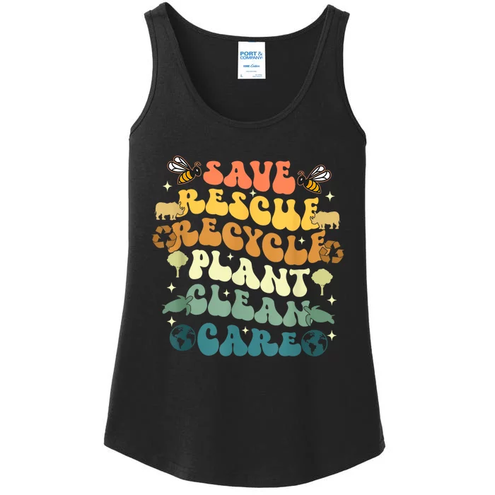 Retro Groovy Save Bees Rescue Animals Recycle Earth Day 2024 Ladies Essential Tank