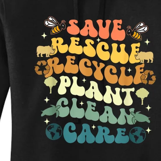 Retro Groovy Save Bees Rescue Animals Recycle Earth Day 2024 Women's Pullover Hoodie