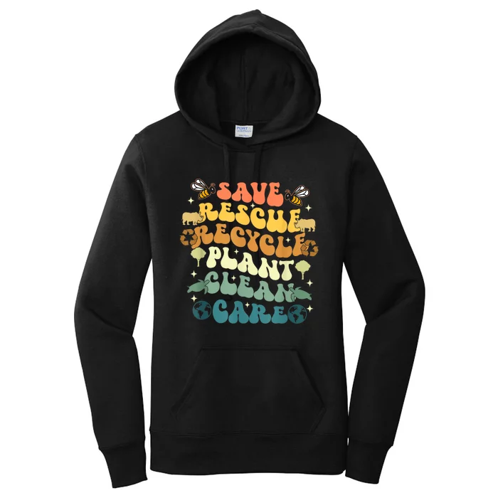 Retro Groovy Save Bees Rescue Animals Recycle Earth Day 2024 Women's Pullover Hoodie