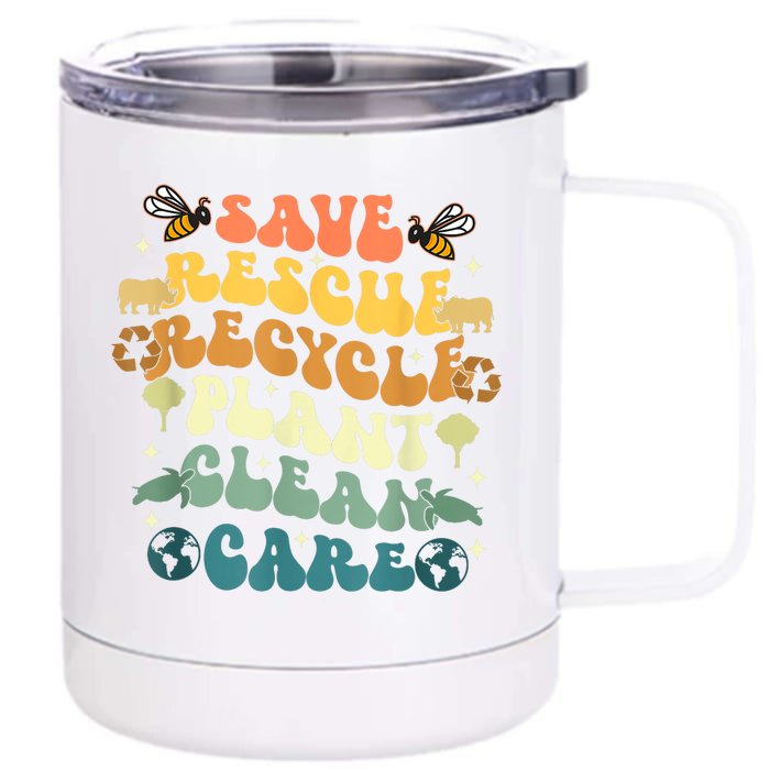 Retro Groovy Save Bees Rescue Animals Recycle Earth Day 2024 Front & Back 12oz Stainless Steel Tumbler Cup