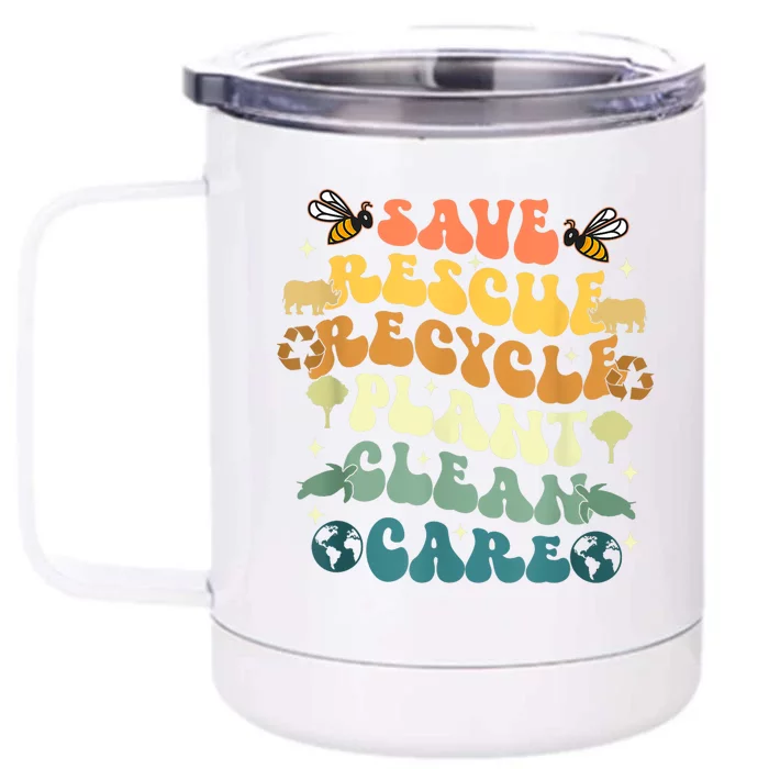 Retro Groovy Save Bees Rescue Animals Recycle Earth Day 2024 Front & Back 12oz Stainless Steel Tumbler Cup