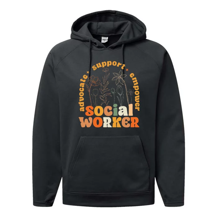 Retro Groovy Social Worker Flower Funny Social Work Month Performance Fleece Hoodie