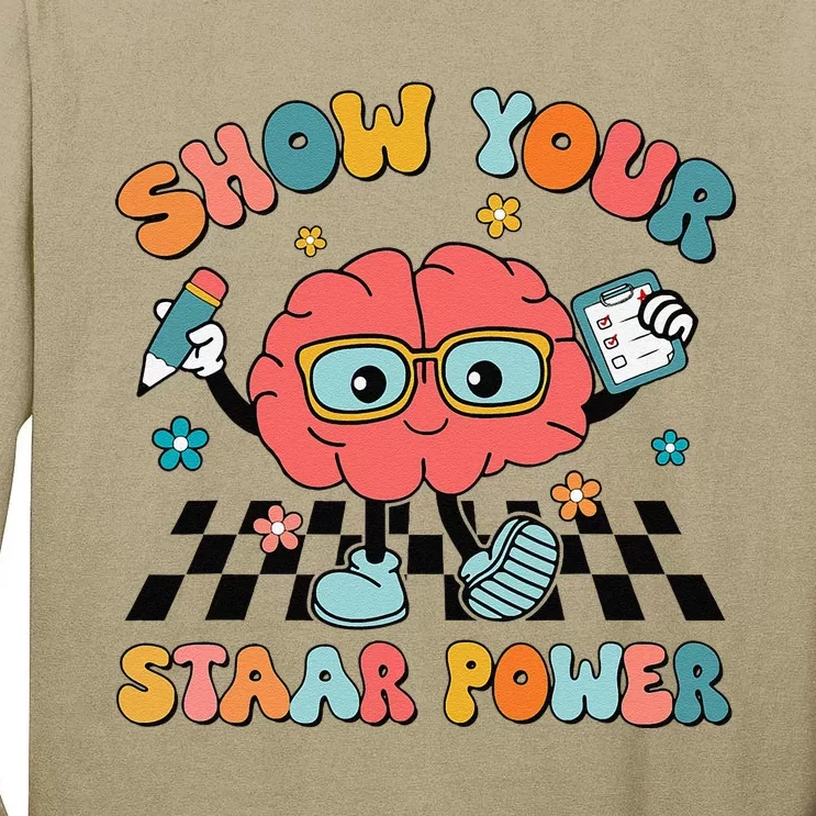 Retro Groovy Show Your Staar Power Brain Teacher Testing Day Tall Long Sleeve T-Shirt