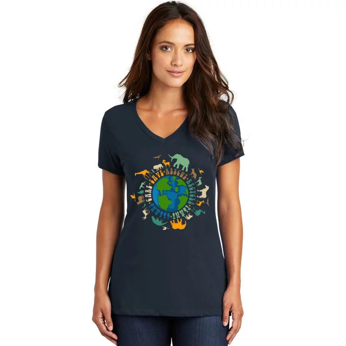 Retro Groovy Save Bees Rescue Animals Recycle Fun Earth Day Women's V-Neck T-Shirt