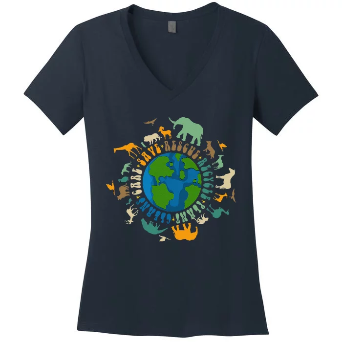 Retro Groovy Save Bees Rescue Animals Recycle Fun Earth Day Women's V-Neck T-Shirt