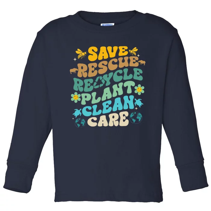 Retro Groovy Save Bees Rescue Animals Recycle Fun Earth Day Toddler Long Sleeve Shirt