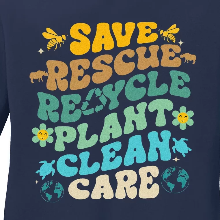 Retro Groovy Save Bees Rescue Animals Recycle Fun Earth Day Ladies Long Sleeve Shirt