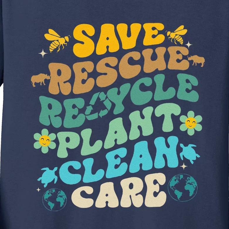 Retro Groovy Save Bees Rescue Animals Recycle Fun Earth Day Kids Long Sleeve Shirt